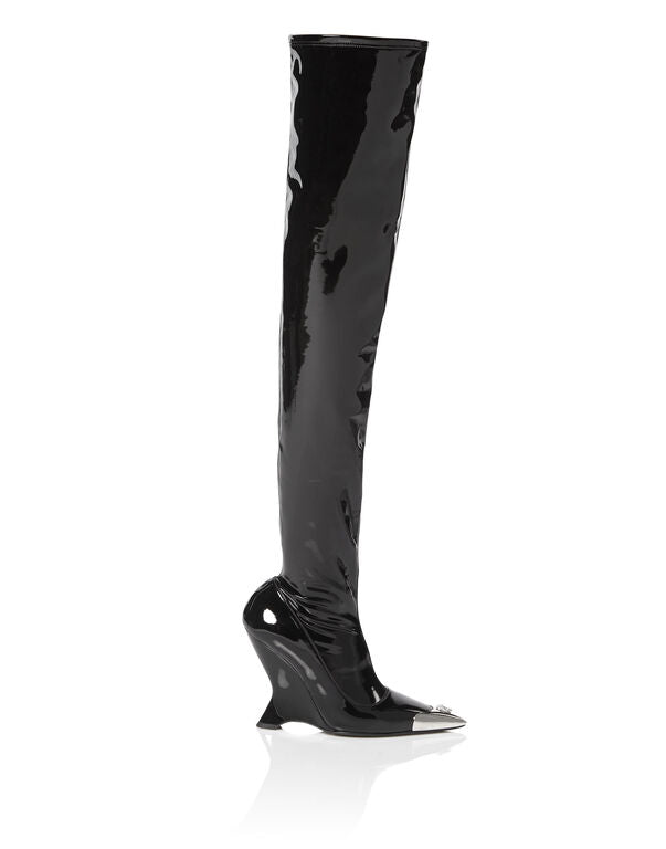 Latex Boots Low Heels Overknee