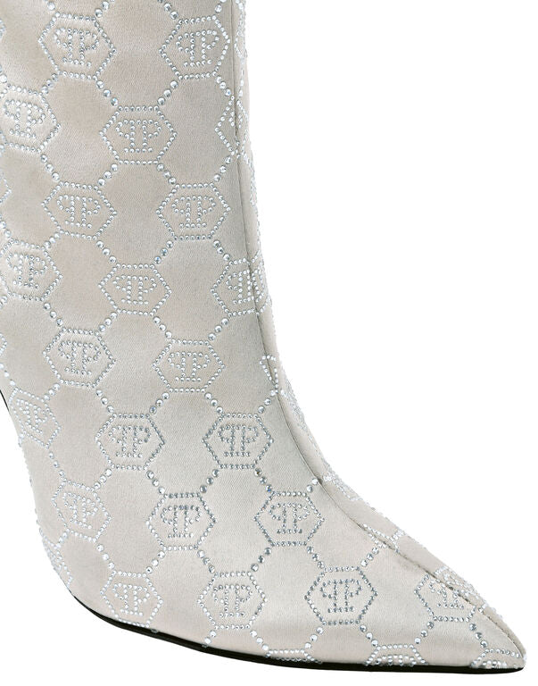 Satin Boots High Heels Mid Monogram Strass