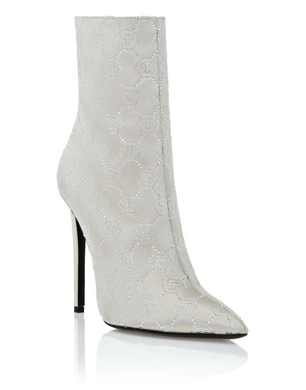 Satin Boots High Heels Mid Monogram Strass