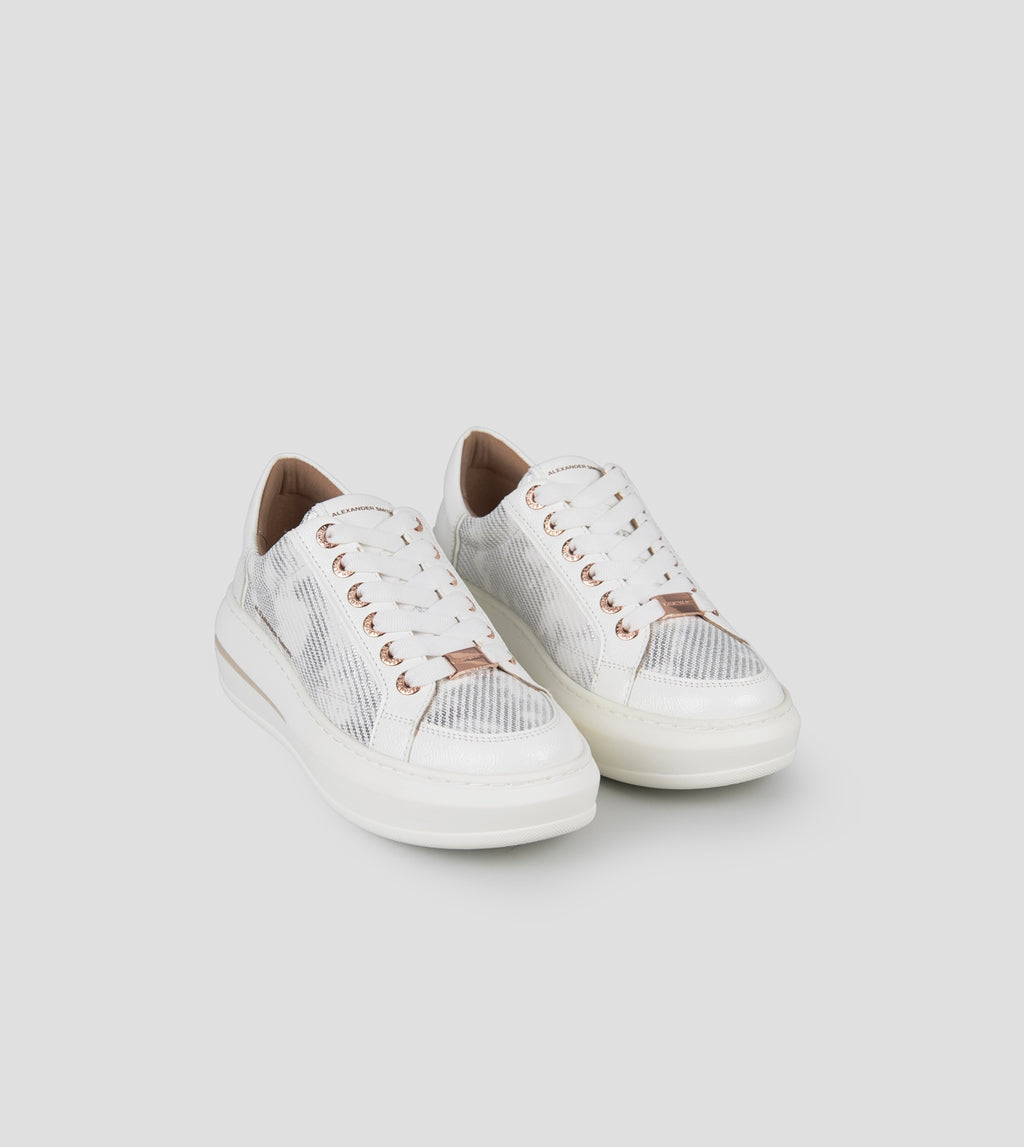 Lancaster Donna in pelle bianca con inserto in laminato nuvolato Alexander Smith