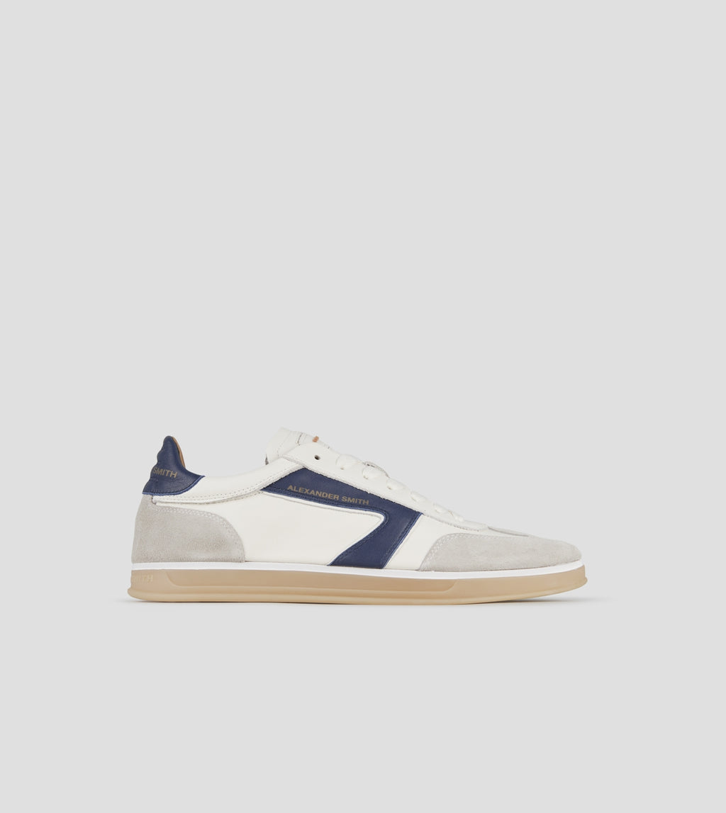 Thames Uomo in pelle bianca, camoscio grigio e logo blu Alexander Smith