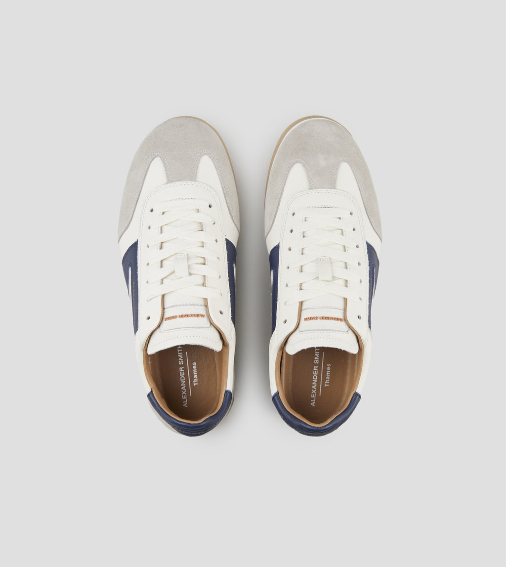 Thames Uomo in pelle bianca, camoscio grigio e logo blu Alexander Smith