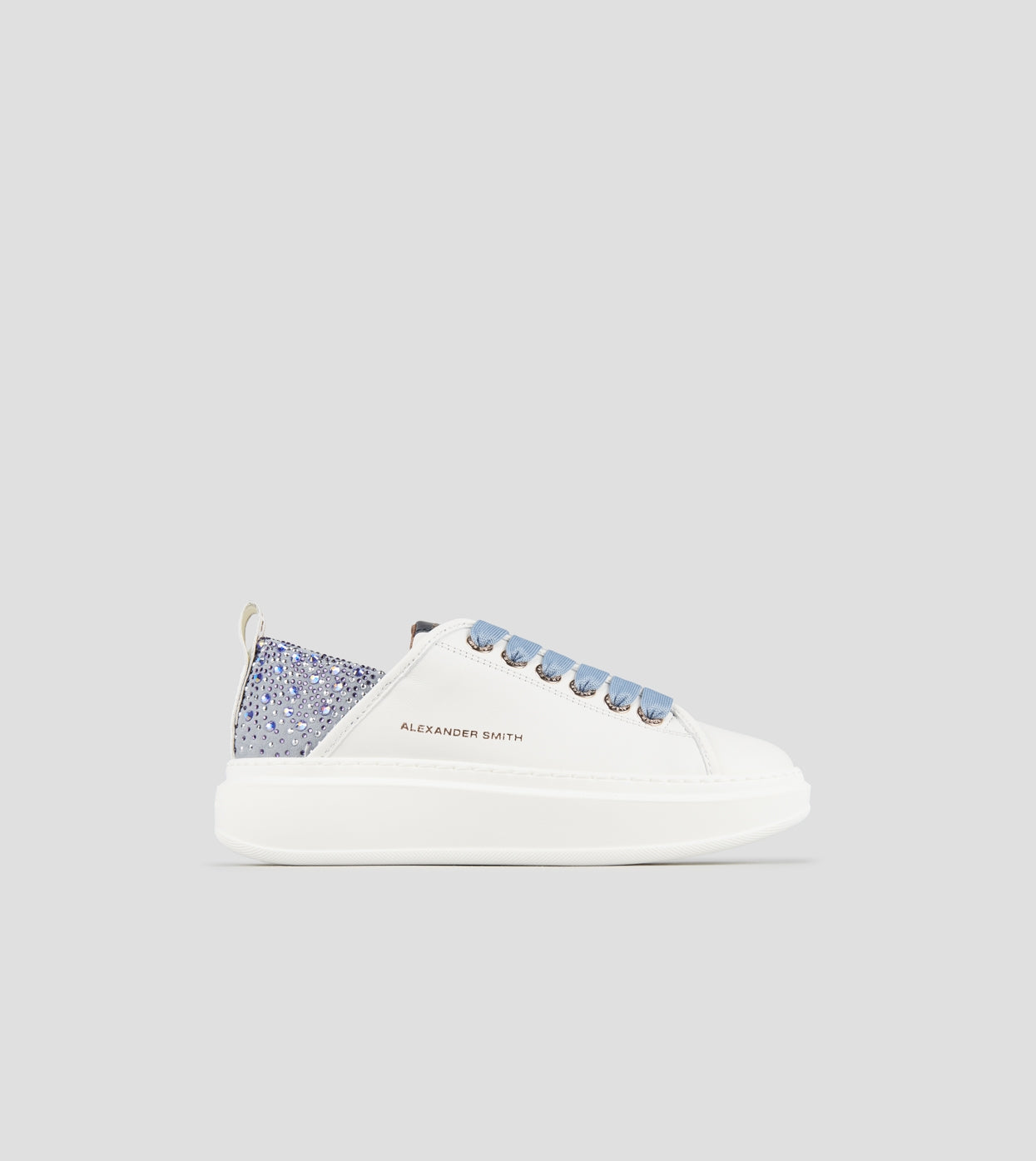 Wembley Donna in pelle bianca e tallone azzurro con strass Alexander Smith