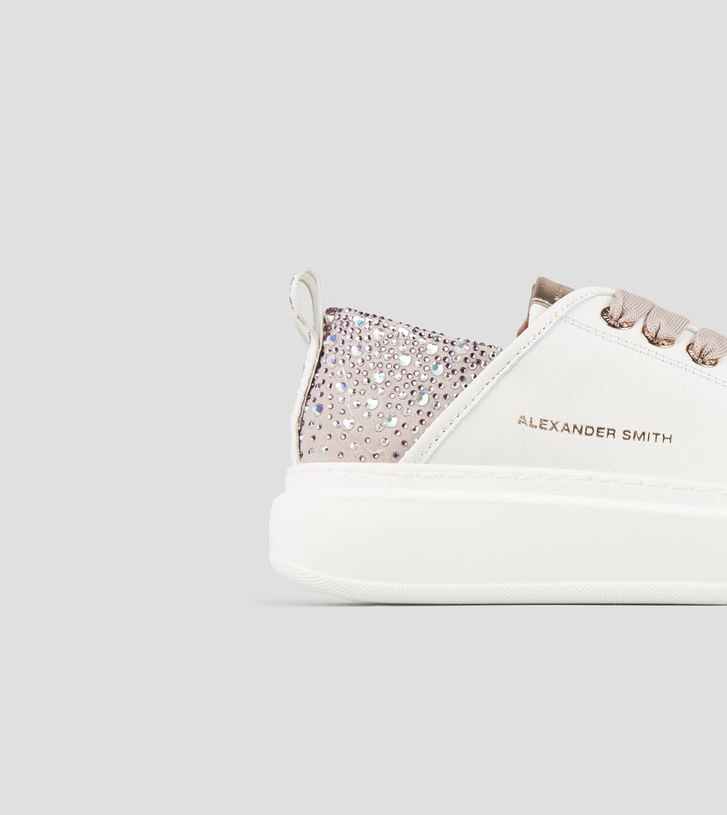 Wembley Donna in pelle liscia bianca e tallone rosa con strass Alexander Smith