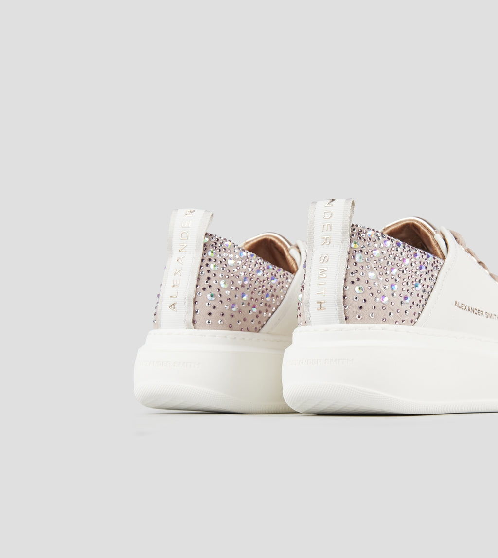 Wembley Donna in pelle liscia bianca e tallone rosa con strass Alexander Smith